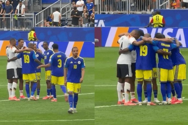 Des joueurs allemands et de Curaçao prient ensemble après leur match de Coupe du monde